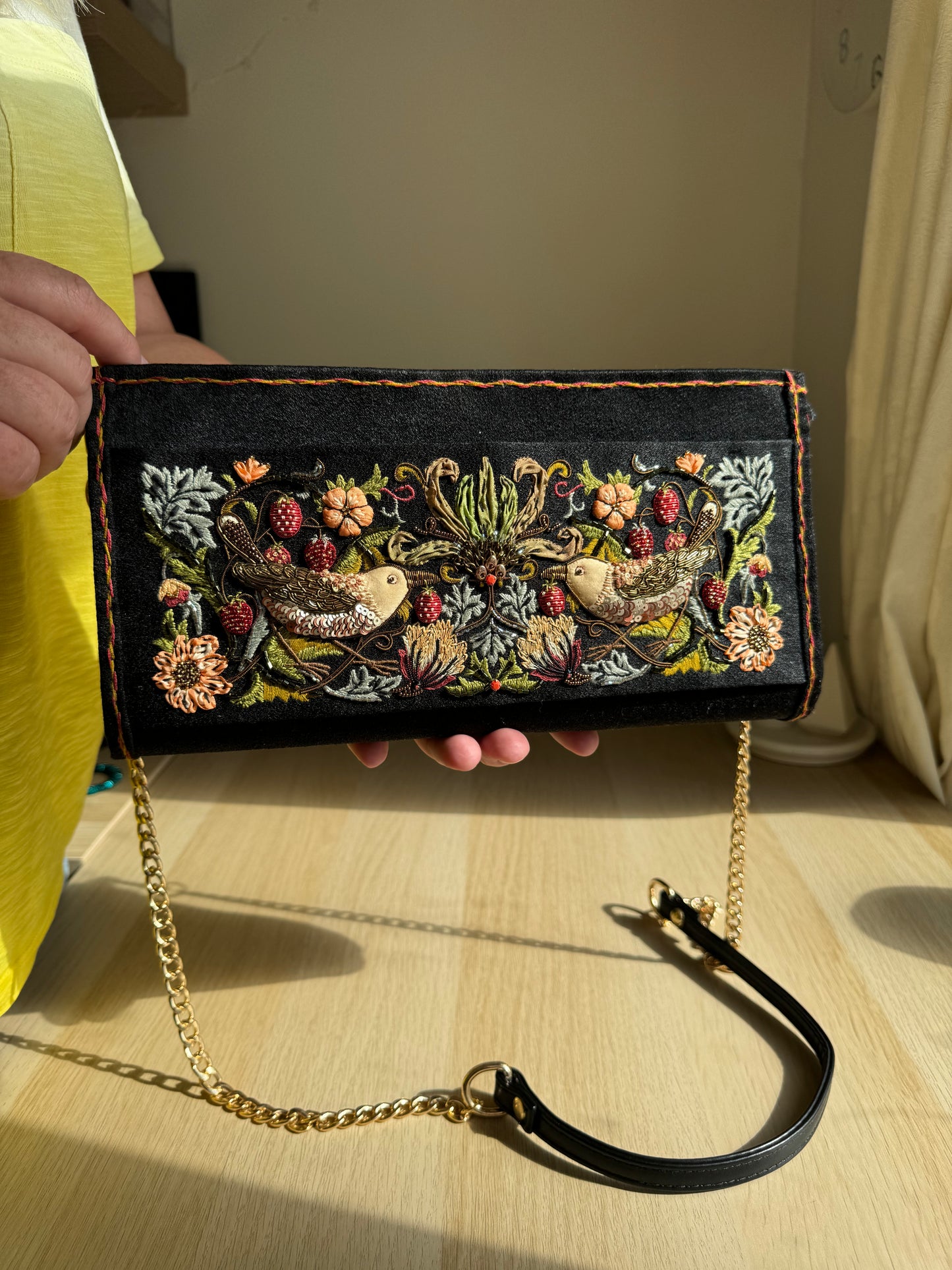 Strawberry thieves embroidery clutch