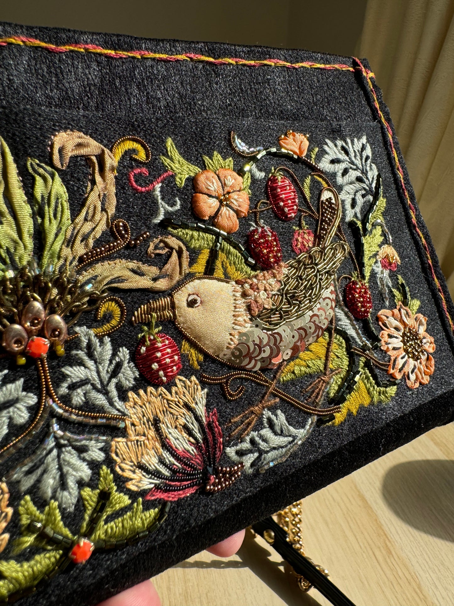 Strawberry thieves embroidery clutch